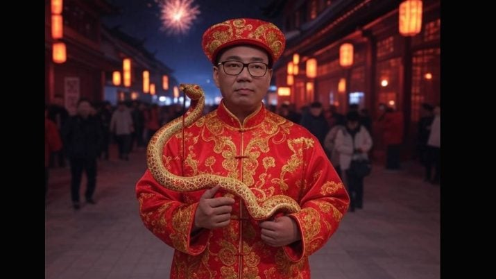 Chinês vestido de vermelho e dourado segura uma cobra de metal nas mesmas cores em representação ao ano da serpente