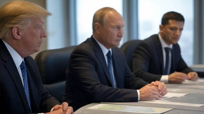 Imagem criada por inteligência artificial mostra Trump, Putin e Zelensky vestindo ternos azuis escursos e camisas brancas, sentados em uma mesa, lado a lado.